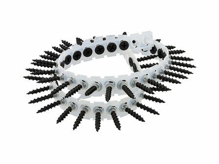 Transparante kunststof ring met zwarte schroeven, in een spiraalvormige compositie, stevige bevestigingspunten.