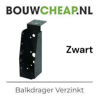 Zwarte metalen balkdrager met diverse gaten en een bovenplaat voor bevestiging. Geschikt voor verankering in constructies.