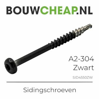 Zwarte sidingschroef met gekartelde schacht en schroefkop, gemarkeerd met type A2-304.