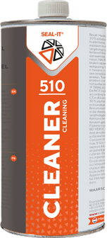 Metaalachtige blik met een oranje en grijs etiket, waarop &quot;CLEANER 510&quot; staat in grote letters. Achtergrondtekst in meerdere talen.