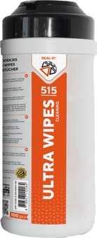 Witte container met een zwart deksel, met oranje en grijze teksten. Bevat 100 schoonmaakdoekjes.