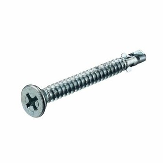 Een rechtopstaande, metalen schroef met een verzonken kop en een kruisvormige inkeping voor een schroevendraaier.