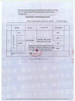 Een kwaliteitsrapport op wit papier met zwarte tekst en een logo van Energy Saving Technology Group Co., LTD.