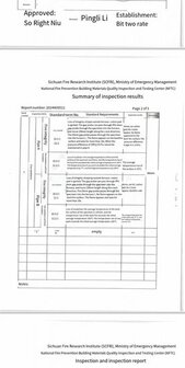 Een zwart-wit document met tekstelijke inschrijving en tabellen, inclusief logo van het Sichuan Fire Research Institute.