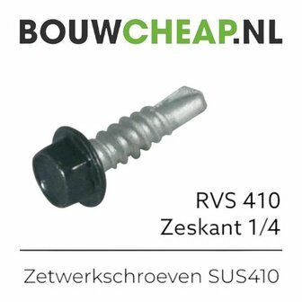 Zilvergrijze RVS schroef met zwarte kop, gemerkt met &#039;BouwCheap.nl&#039;, voor zetwerk, met een zeskantige vorm.