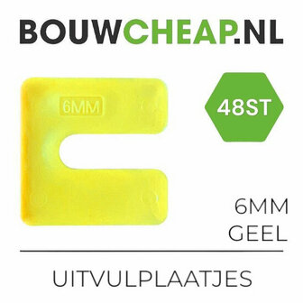 Geel kunststof uitvulplaatje in de vorm van een &quot;C&quot;, formaat 6mm, met het aantal en merk vermeld bovenaan.