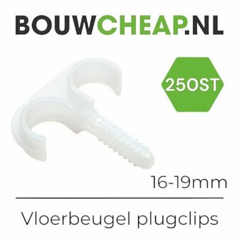 Witte vloerbeugel plugclip met een schroefvormige pen, geschikt voor buizen van 16-19 mm, weergegeven met een aantal van 250 stuks.