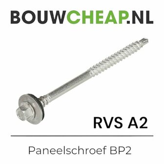 RVS paneelschroef met schroefdraad, ronde kop en rubberen ring voor waterdichte verbinding.