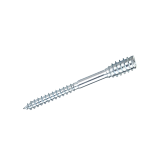 Gladde, zilveren schroef met gestructureerde schacht en scherpe punt, voor gebruik in hout of andere materialen.