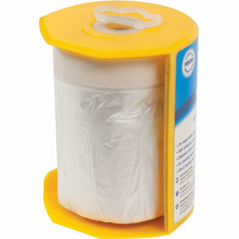 Witte papieren rol verpakt in een gele houder, met een transparant plastic omhulsel eromheen.