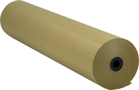 Rol kraftpapier met een bruine kleur en een zwarte kern aan de binnenzijde, liggend op een witte achtergrond.