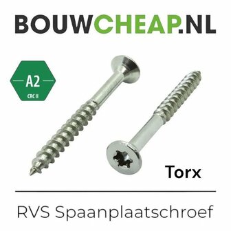 RVS spanplaatschroeven met Torx-kop, &eacute;&eacute;n recht en &eacute;&eacute;n schuin afgebeeld, glanzende zilveren kleur, scherpte van de schroefdraad zichtbaar.