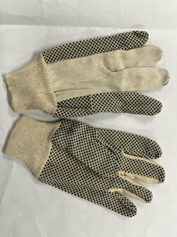 Handschuhe met een lichte kleur en een zwart stippenpatroon, met een elastische manchet voor een goede pasvorm.