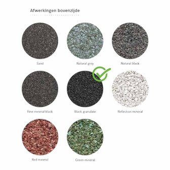 Acht kleurstalen van minerals, vari&euml;rend van zwart en grijs tot rood en groen, met hun texturen en compositie overzichtelijk gepresenteerd.