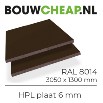 Donkere HPL plaat van 6 mm, RAL 8014, met afmetingen 3050 x 1300 mm, op een lichte achtergrond.