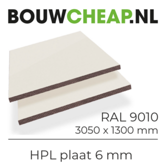 Twee boven elkaar liggende HPL platen in RAL 9010, met een afmeting van 3050 x 1300 mm en een dikte van 6 mm.