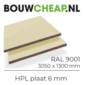 Op de afbeelding staan twee lagen HPL platen in cr&egrave;mekleur, met een dikte van 6 mm en afmetingen van 3050 x 1300 mm.