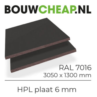 Donkergrijze HPL plaat van 6 mm, met zichtbaar gefreesde randen en een afmeting van 3050 x 1300 mm.