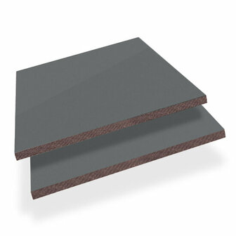 Twee grijze platen van glad materiaal, met een matte afwerking en een bruinachtige rand, zorgen voor een moderne uitstraling.