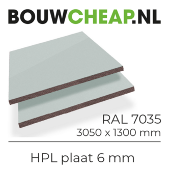 Grijze HPL plaat van 6 mm, maat 3050 x 1300 mm, met een donkere kern en een gladde afwerking.