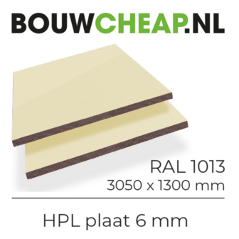 HPL plaat in RAL 1013, 3050 x 1300 mm, met een dikte van 6 mm, twee lagen zichtbaar.