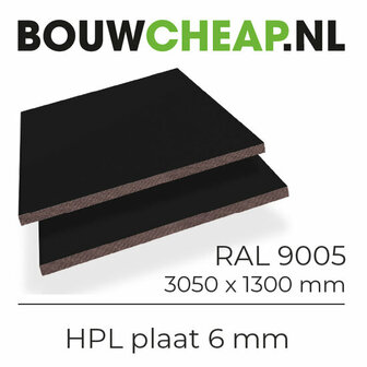 Zwarte HPL plaat van 6 mm, afgebeeld in twee lagen met een afmeting van 3050 x 1300 mm.