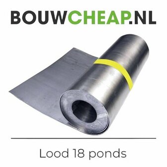 Rol lood van 18 pond, zilvergrijs met een gele streep, ligt op een vlakke ondergrond met de merknaam zichtbaar bovenaan.