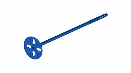 Blauwe plastic vijzel met een ronde, perforated schijf en lange, ribbelige handgreep.