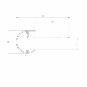Technische tekening van een metalen profiel met een gebogen uiteinde, afmetingen in millimeters.