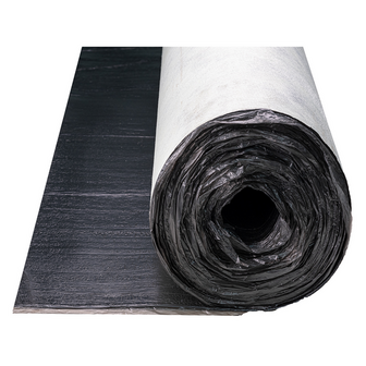 Rol van zwart plastic folie met een witte, papieren laag aan de bovenkant, gedeeltelijk afgerold.