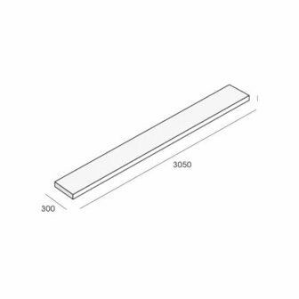 Lange, smalle plank van lichtgekleurde hout met een afmeting van 3050 x 300 mm en een gladde afwerking.