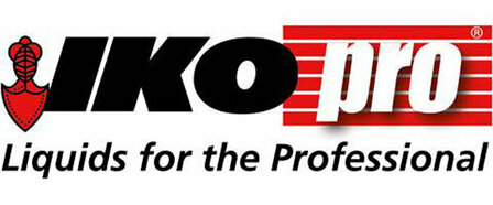 Logo van IKOpro in zwart en rood, met een rode lijn eronder en de slogan &#039;Liquids for the Professional&#039;.