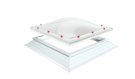 Transparant, bolvormig dakraam met een witte, vierkante basis en rode punten aan de hoeken.