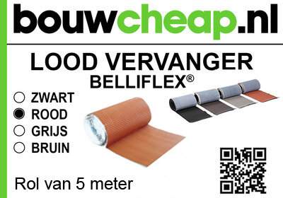 Rol van 5 meter in de kleuren zwart, rood, grijs en bruin, met het merklogo van Belliflex en een QR-code.