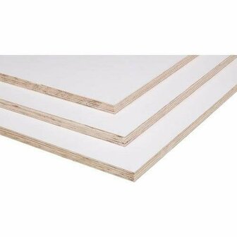 Drie lagen multiplexplaten met een gladde witte afwerking en zichtbare houtnerven aan de zijkanten.