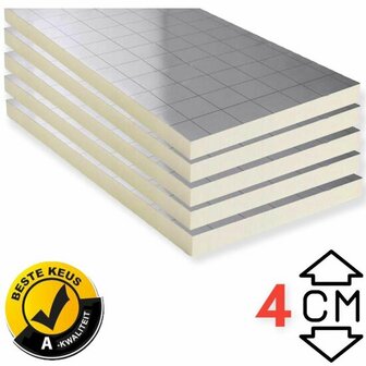 Vier gestapelde panelen met een gladde, zilverkleurige bovenkant en een witte, stevige onderzijde, dikte van 4 cm.