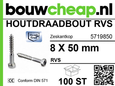 Houtdraadbout rvs m8x50