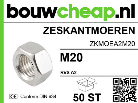 Zeskantmoer M20 RVS A2