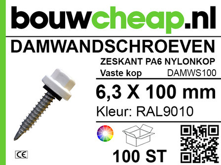 Damwandschroef 6.3x100mm RAL9010