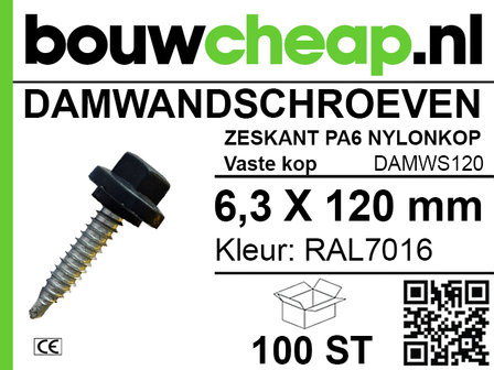 Damwandschroef 6.3x120mm RAL7016