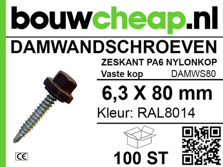 Damwandschroef 6.3x80mm RAL8014