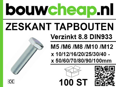 Tapbout Verzinkt 8.8 Din 933 M12 x 70mm (50)