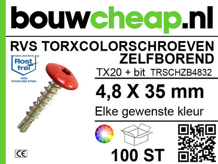 RVS Torxcolorschroef zelfborend 4,8x35 tbv HPL en Trespa&reg; (100 st)