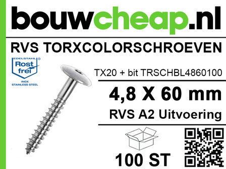 RVS Torxcolorschroef 4,8x60 blank tbv HPL en Trespa&reg; (100 st)