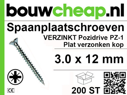 Spaanplaatschroeven PZ 3.0x12mm PVK 200st