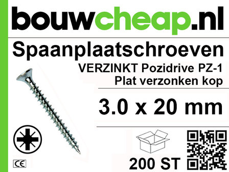 Spaanplaatschroeven PZ 3.0x20mm PVK 200st