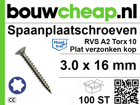 Spaanplaatschroeven RVS A2 TX 3.0x16mm PVK 100st