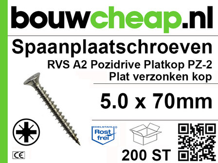 Spaanplaatschroeven RVS PZ 5.0x70mm PVK 200st