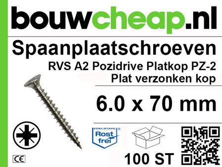 Spaanplaatschroeven RVS PZ 6.0x70mm PVK 100st