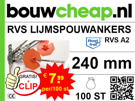 RVS Lijmspouwankers 240mm met GRATIS! isolatieclip oranje